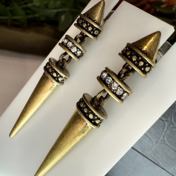 Antique Gold Spike Drop Statement Earrings. Post stud Dangle. Unique & Fun! - Picture 4 of 8